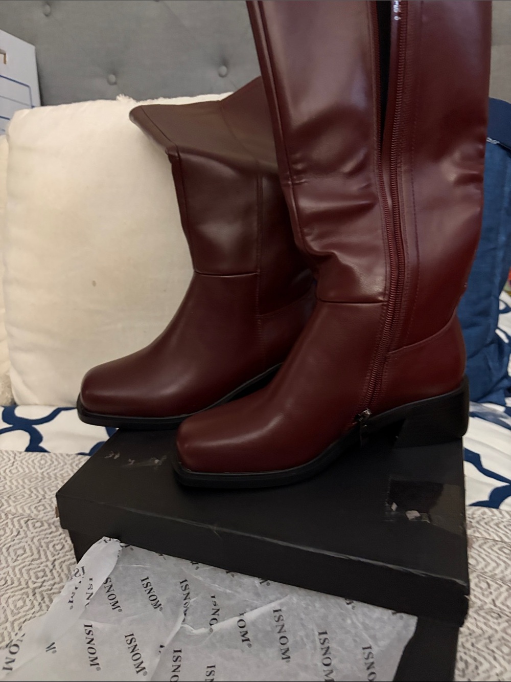 Over-the-Knee Burgundy Leather Boots with Side Zip